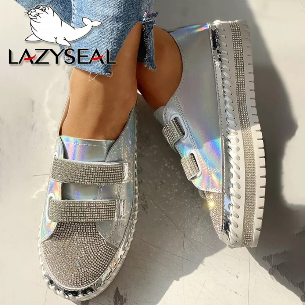 LazySeal Bling Women Rhinestone Casual Daily Magic Tape Sneakers Thick Botton La